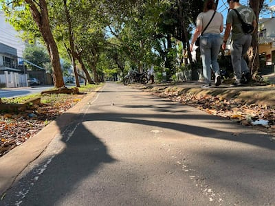 Mujer en camiseta clara y hombre en atuendo gris conversan en un paseo peatonal, rodeados de árboles y una motocicleta.