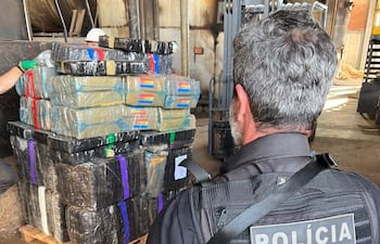 Agente de Policía Federal de espaldas, uniformado y con placa visible, junto a pilas de paquetes plásticos de marihuana.