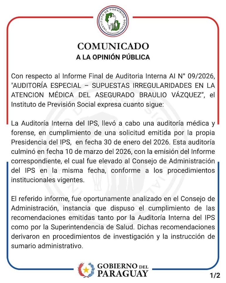 Comunicado del IPS en texto formal, sin personas o gráficos, en un ambiente administrativo.