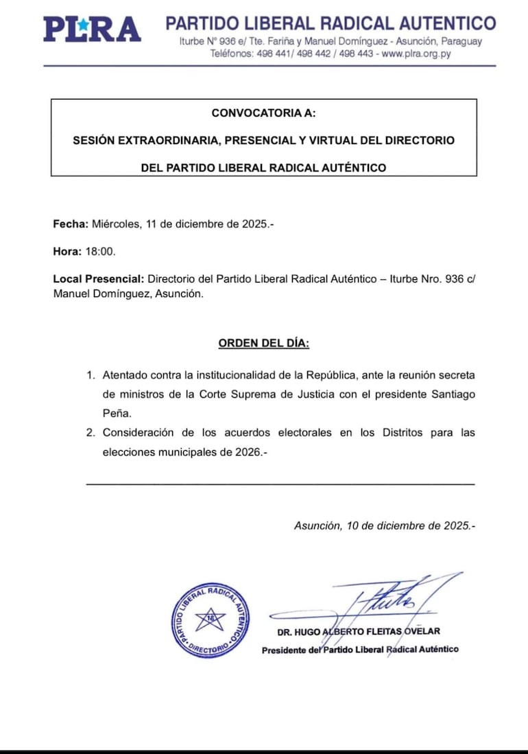 Convocatoria del Directorio del PLRA.