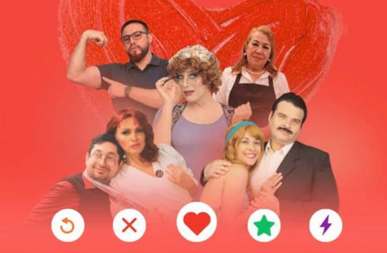 Grupo de seis personas festejando, vestidos coloridos y sonrientes, con fondo rojo y elementos de citas.