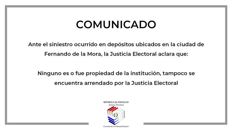 Comunicado del TSJE aclarando que depósitos afectados por incendio no pertenecen ni son arrendados por la institución.