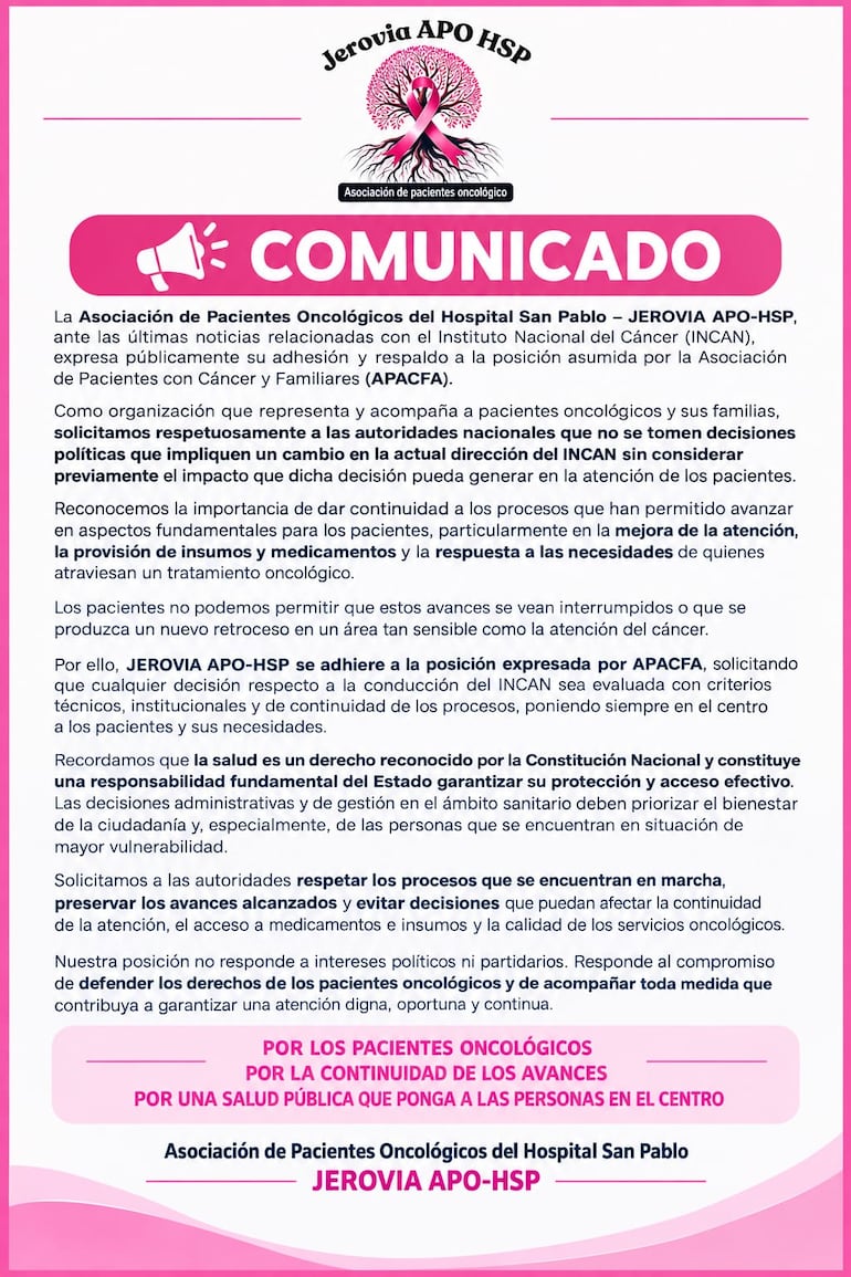 Comunicado de la Asociación de Pacientes del Hospital San Pablo (JEROVIA APO-HSP)