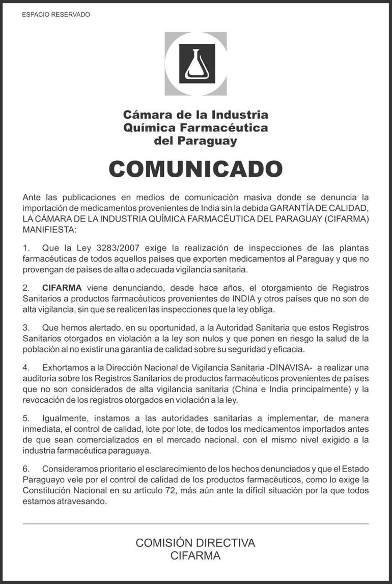 Comunicado de CIFARMA sobre poco controles en medicamentos provenientes de India.