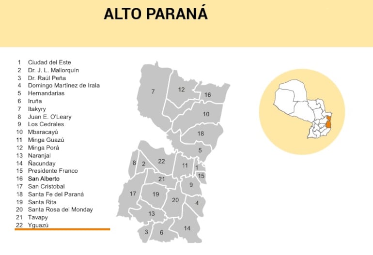 Mapa de los distritos de Alto Paraná extraído de la reseña informativa 2021 del TSJE.
