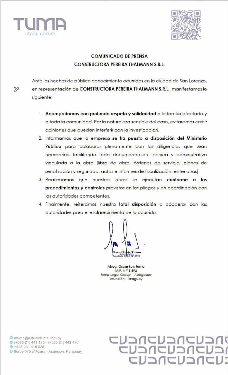 Comunicado de la Constructora Pereira Thalmann S.R.L.
