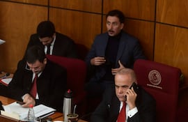 Bachi Núñez Giménez en traje oscuro y corbata roja, hablando por teléfono mientras revisa documentos en un ambiente legislativo.