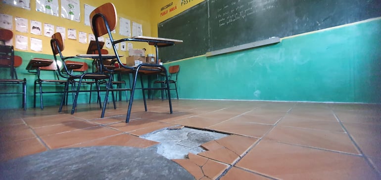 Aula escolar vacía con sillas y mesas desordenadas, paredes amarillas y verdes, suelo deteriorado con grietas visibles.
