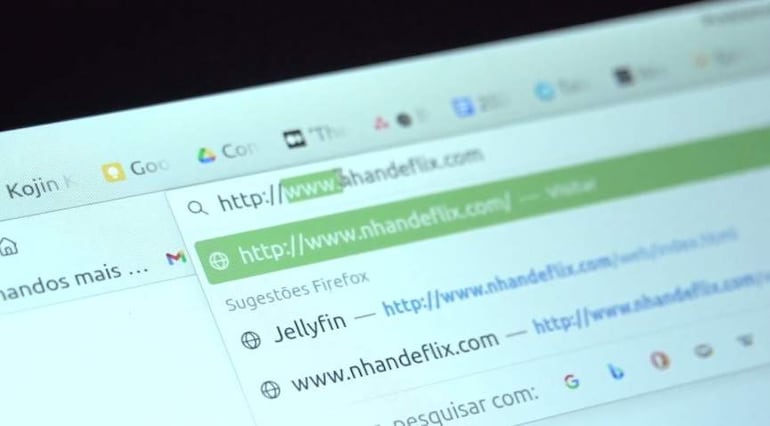 Pantalla de computadora mostrando barra de dirección con www.nhandeflix.com resaltada en verde, sin personas visibles.
