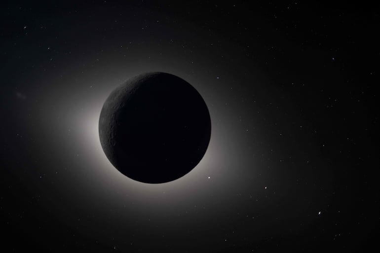 Esta imagen difundida el 7 de abril de 2026 por la NASA muestra a la Luna eclipsando completamente al Sol, tal como fue vista desde la nave espacial Orion el 6 de abril de 2026.