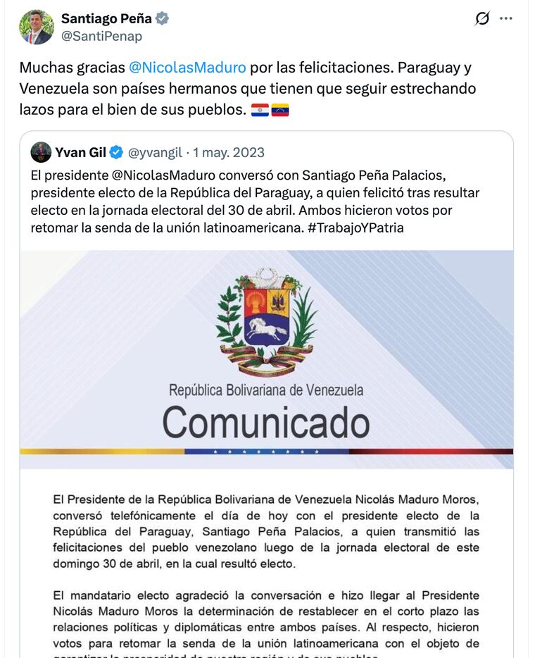 Agradecimiento de Santiago Peña a Nicolás Maduro tras ser electo Presidente de la República de Paraguay.