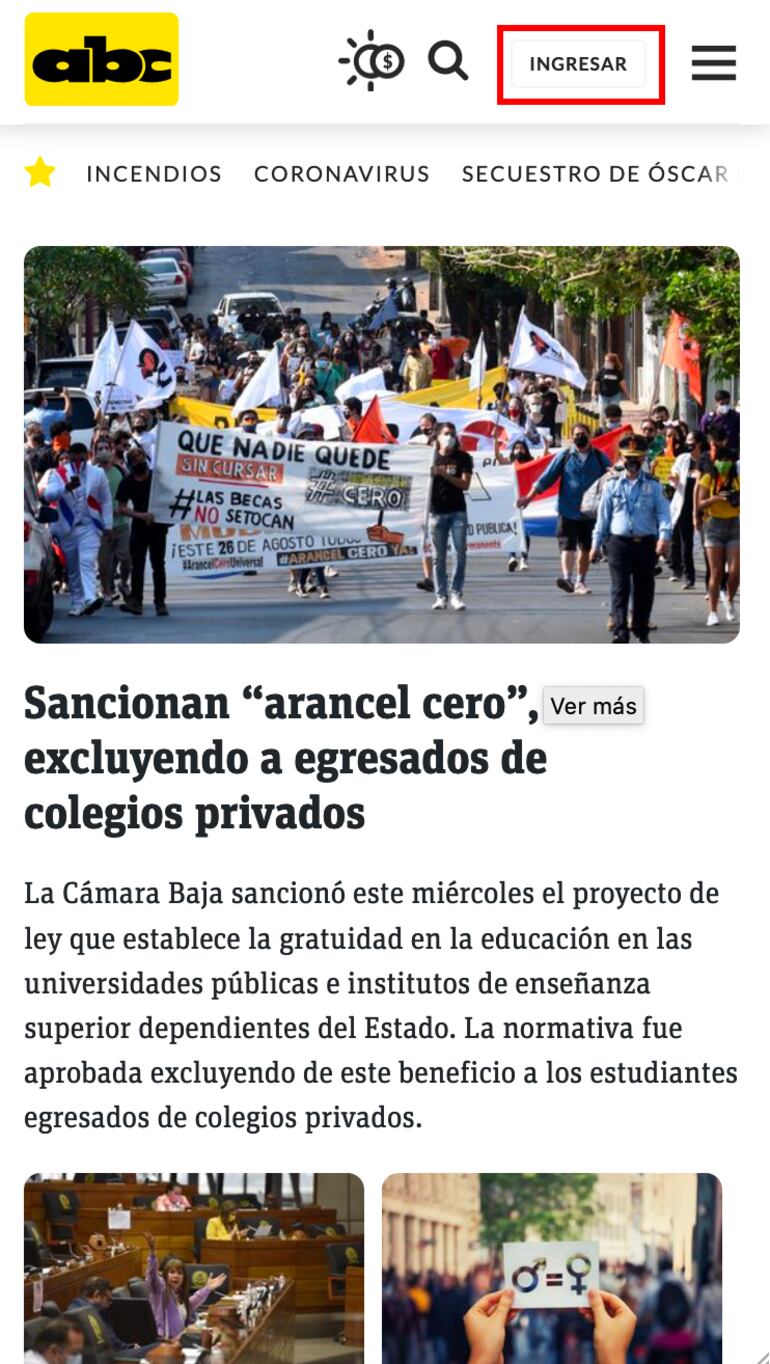 Botón ingresar versión Mobile