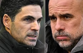 Mikel Arteta y Pep Guardiola, entrenadores españoles del Arsenal y del Manchester City, que definen este domingo el título de la Copa de la Liga de Inglaterra.