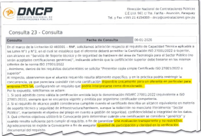 La consulta Nº 23 muestra uno de los cuestionamientos realizados por un potencial oferente.