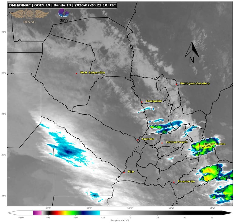 Mapa meteorológico de Paraguay con datos sobre temperaturas y pronósticos de tormenta.
