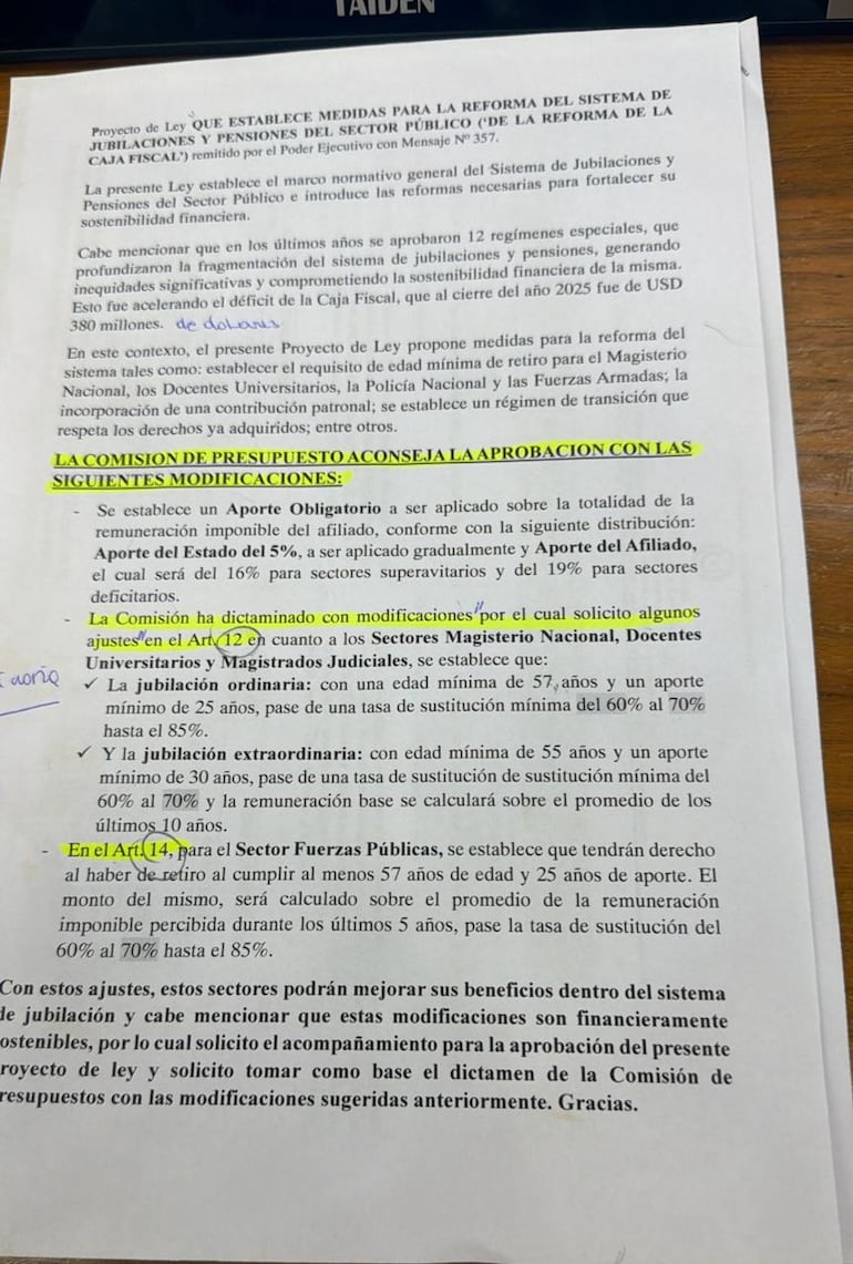 Modificaicones de la Comisión de Presupuesto a la reforma de la Caja Fiscal.