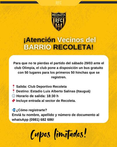 Anuncio realizado por el Recoleta FC a sus seguidores.