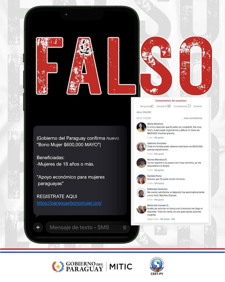 Teléfono móvil con mensaje sobre 'Bono Mujer' y advertencia de fraude, texto destacado en rojo.