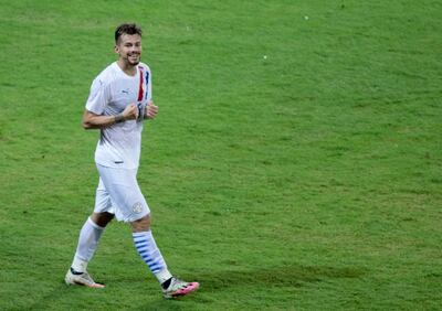 Gastón Giménez, jugador de la selección paraguaya, festeja un gol en el partido contra Venezuela en el estadio Metropolitano de Mérida por las Eliminatorias Sudamericanas al Mundial Qatar 2022.