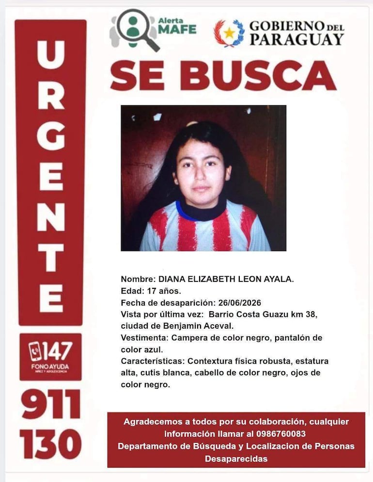 Cartel de búsqueda con información detallada sobre Diana Elizabeth León Ayala, con una fotografía y texto claro en fondo blanco.