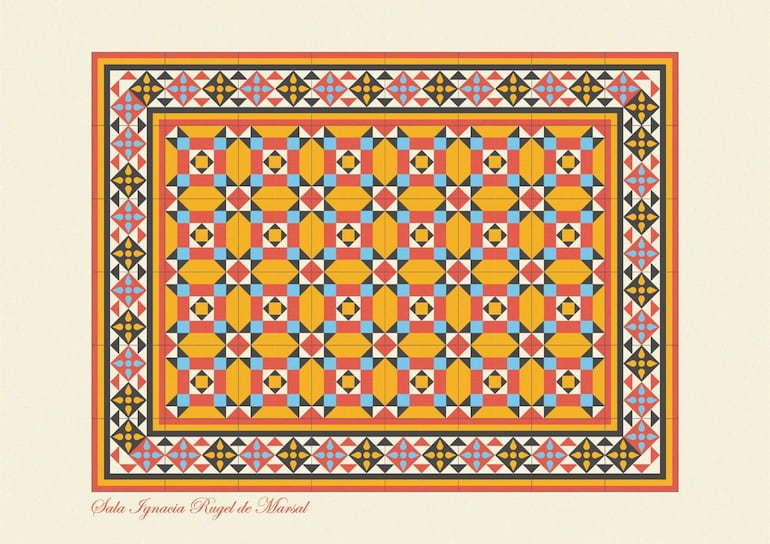 Diseño decorativo con patrón geométrico colorido en la Sala Ignacia Rugel de Marsal