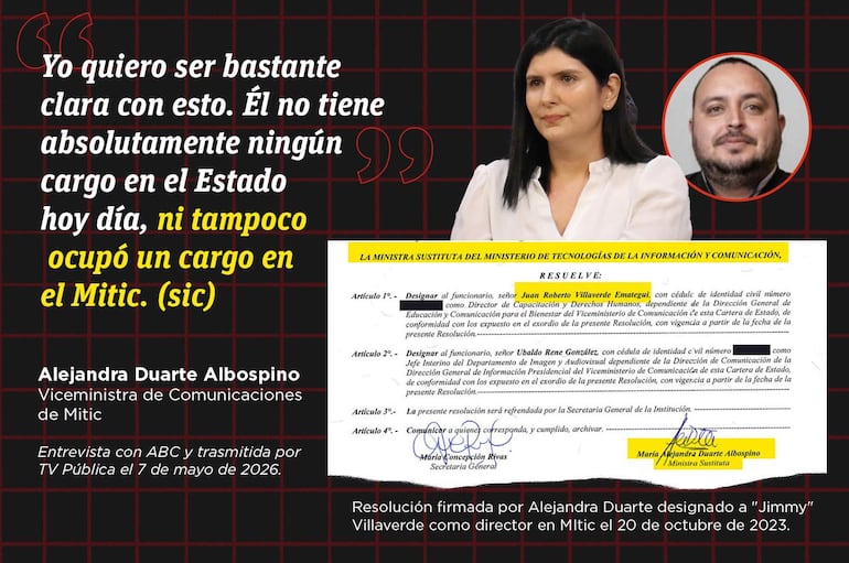 Alejandra Duarte con expresión seria en un entorno de medios, enfatiza la inocencia de Villaverde en un documento oficial.