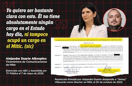 Alejandra Duarte con expresión seria en un entorno de medios, enfatiza la inocencia de Villaverde en un documento oficial.