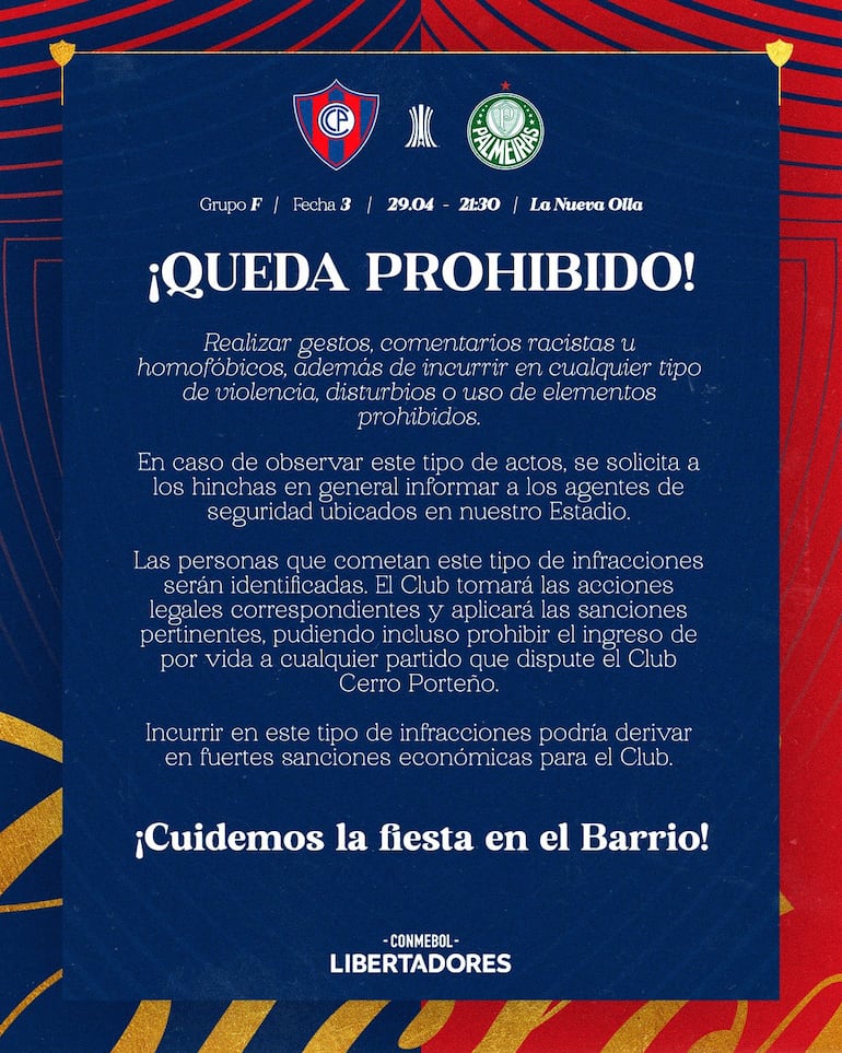 Comunicado de Cerro Porteño, en la previa al duelo ante Palmeiras de Brasil.