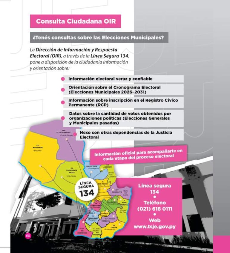 Póster informativo sobre elecciones municipales, con texto y un mapa de Paraguay que indica localidades importantes.