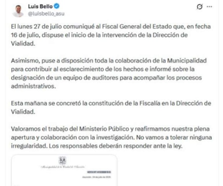 Tuit donde Luis Bello expresa colaboración con la Fiscalía sobre la intervención en la Dirección de Vialidad.