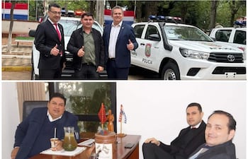 Saiz y D'Ecclesiis posan con ceños alegres, mientras Brunaga y Rivas lucen serios en una reunión institucional al aire libre.