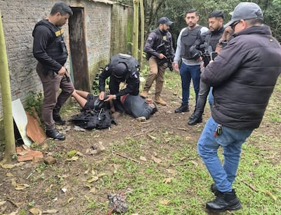 Seis individuos en vestimenta táctica rodean a un hombre inmovilizado, mientras uno sostiene un arma. Fondo de vegetación y pared de ladrillo.