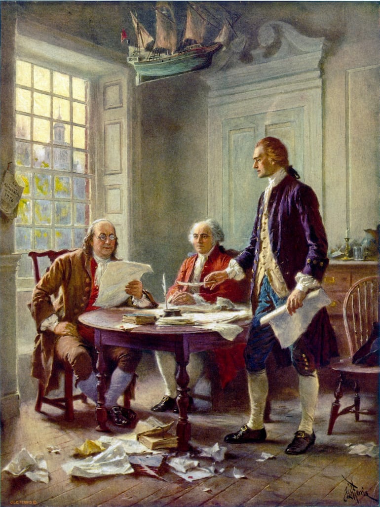 Thomas Jefferson, Benjamin Franklin y John Adams redactando el borrador de la Declaración de Independencia. Postal de 1932 que reproduce una famosa pintura de Jean Leon Gerome Ferris