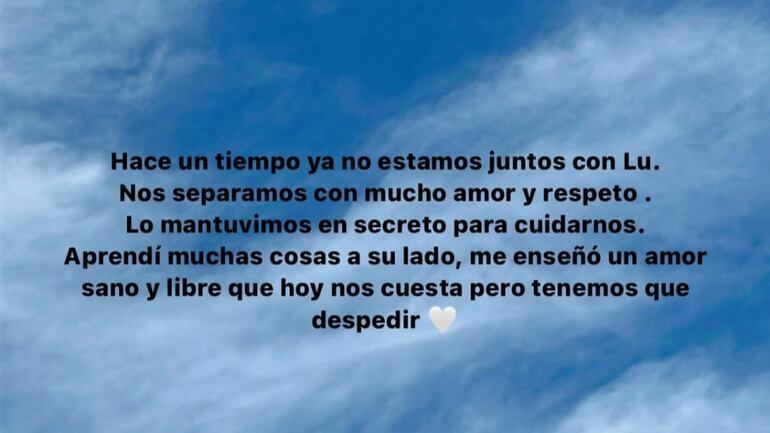 Así anunció Flor Vigna su separación de Luciano Castro. (Captura de la historia de Instagram de Flor Vigna)