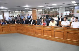 Cesar Escobar Ceres, Miguel Sosa, Marcelo Centurión y Juan José Arnold en sala de sesiones con expresiones tranquilas y felices.