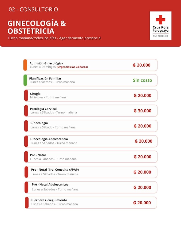 Lista de servicios ginecológicos con precios en guaraníes, presentada por la Cruz Roja Paraguaya.