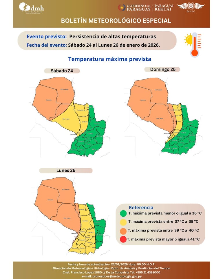 La distribución geográfica de las altas temperaturas esperadas desde este sábado hasta el lunes en Paraguay, según un boletín especial de la Dirección de Meteorología e Hidrología (DMH).