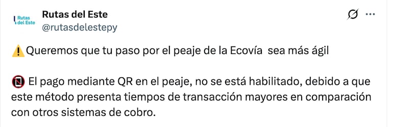 Rutas del Este suspendió cobro con QR en el peaje de la Ecovía.