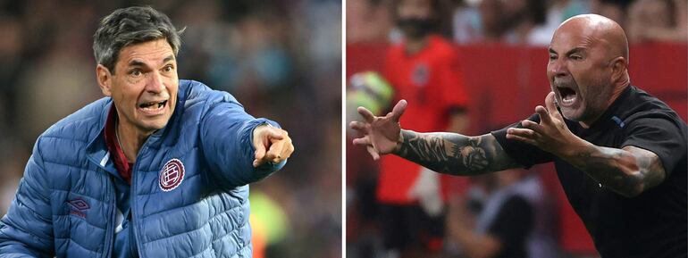 El entrenador de Lanús, Mauricio Pellegrino (I), y el estratega de Atlético Mineiro, Jorge Sampaoli, se enfrentarán en la final de la Copa Sudamericana en el estadio Defensores del Chaco en Asunción, Paraguay, el 22 de noviembre de 2025.