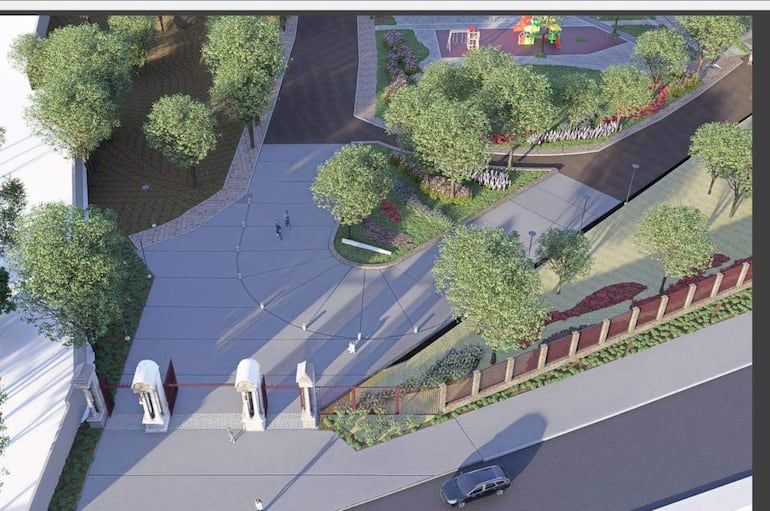 Diseño arquitectónico de espacio público con amplia plaza y áreas ajardinadas, sin personas presentes.