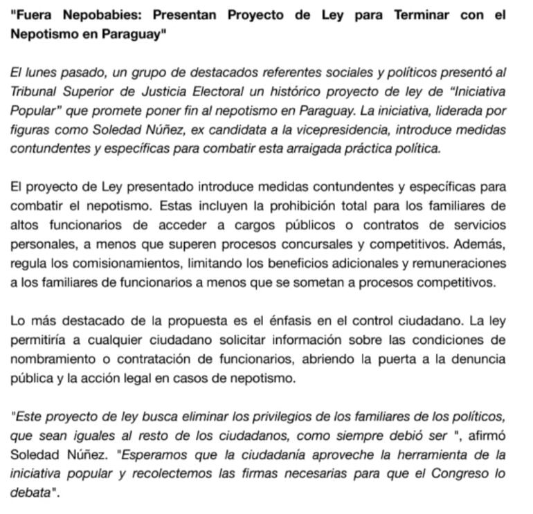 Comunicado del grupo impulsor para que se trate el proyecto de ley anti "Nepobabies". (gentileza).