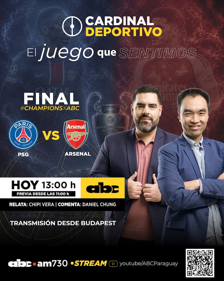 PSG vs. Arsenal, la Final de Champions League, por ABC Cardinal 730 AM y ABC Paraguay en Youtube.