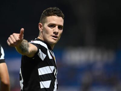 El argentino Bautista Merlini, jugador de Libertad, celebra un gol en el partido contra Tacuary por la undécima fecha del torneo Clausura 2023 del fútbol paraguayo en el estadio Luis Alfonso Giagni, en Villa Elisa.