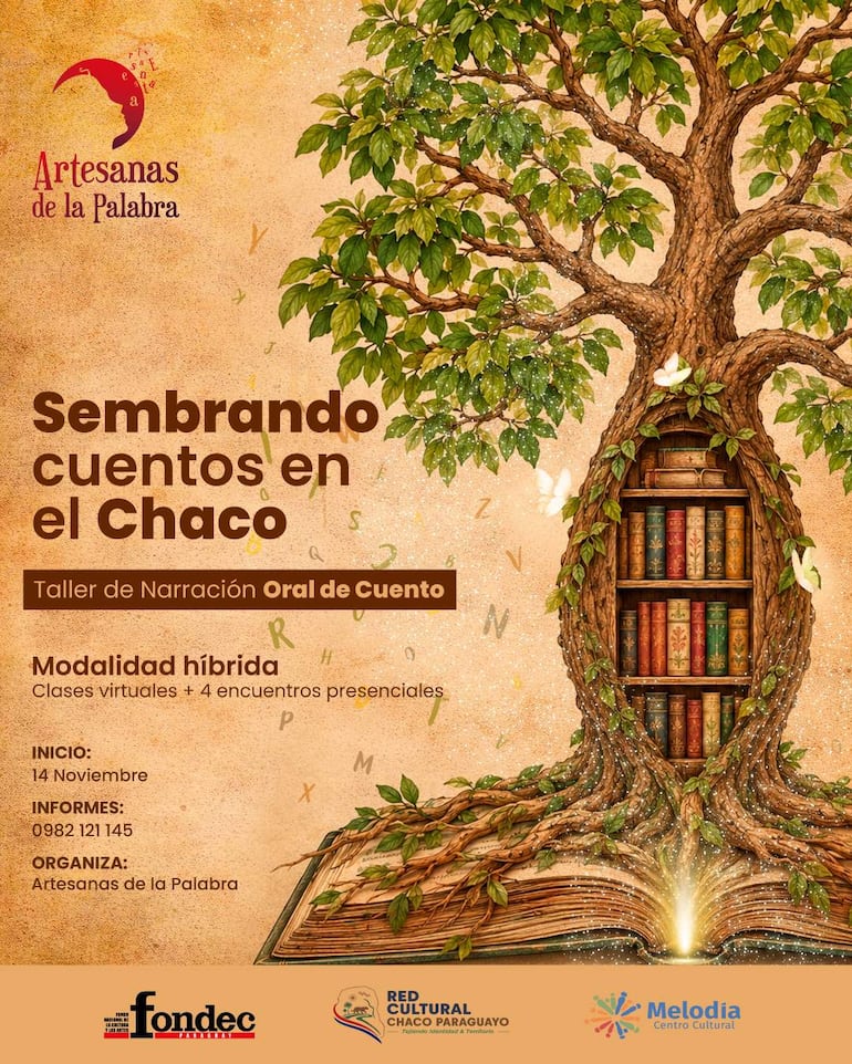 Cartel colorido del taller 'Sembrando cuentos en el Chaco', con árbol formado por un libro abierto, resaltando clases virtuales y presenciales.