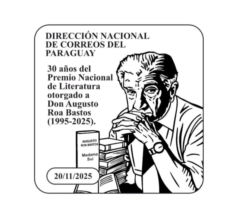 Matasello de homenaje a los 30 años del Premio Nacional de Literatura para Augusto Roa Bastos.