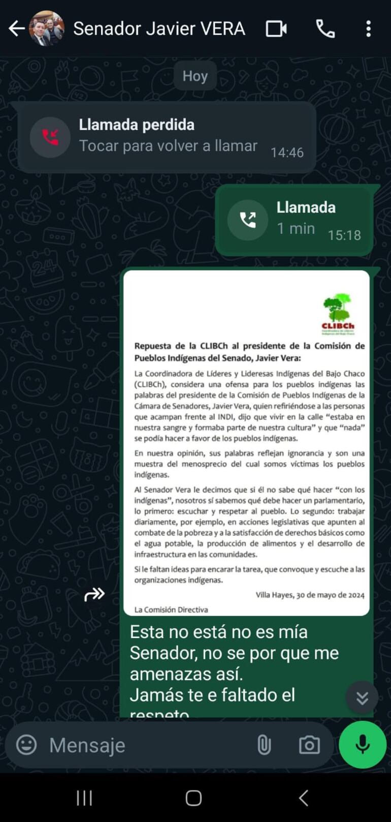 Primer contacto a Espínola del que sería Chaqueñito, según captura de pantalla. (gentileza).