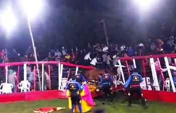 Momento en que el toro salta hacia el público.