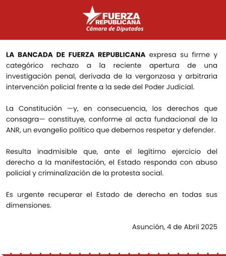 Comunicado de Fuerza Republicana contra abuso policial para perseguir a opositores.