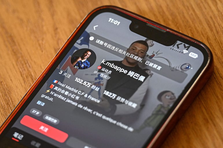 La cuenta en la red social china Rednote de la estrella del fútbol francés Kylian Mbappé, en la que aparece el mensaje: «Esta cuenta ha sido silenciada por infringir las normas de la comunidad».