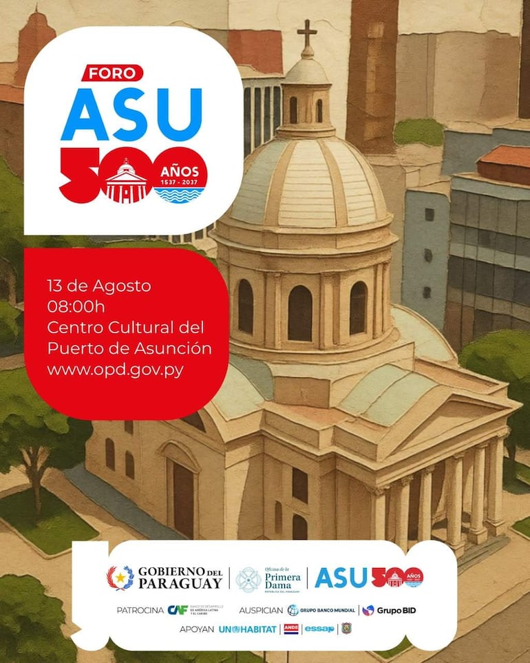 Cartel promocional del Foro ASU 500 Años con ilustración de edificio y detalles de patrocinadores.